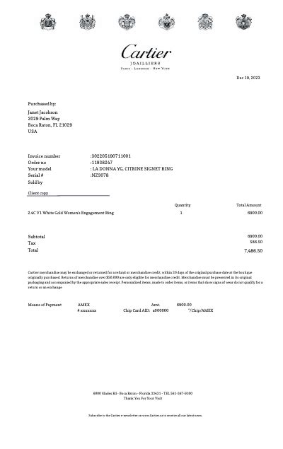 cartier receipt template